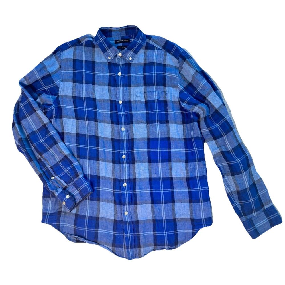 Banana Republic Mens 100% Linen Blue Plaid Shirt Camden Fit Sz L Preppy Classic